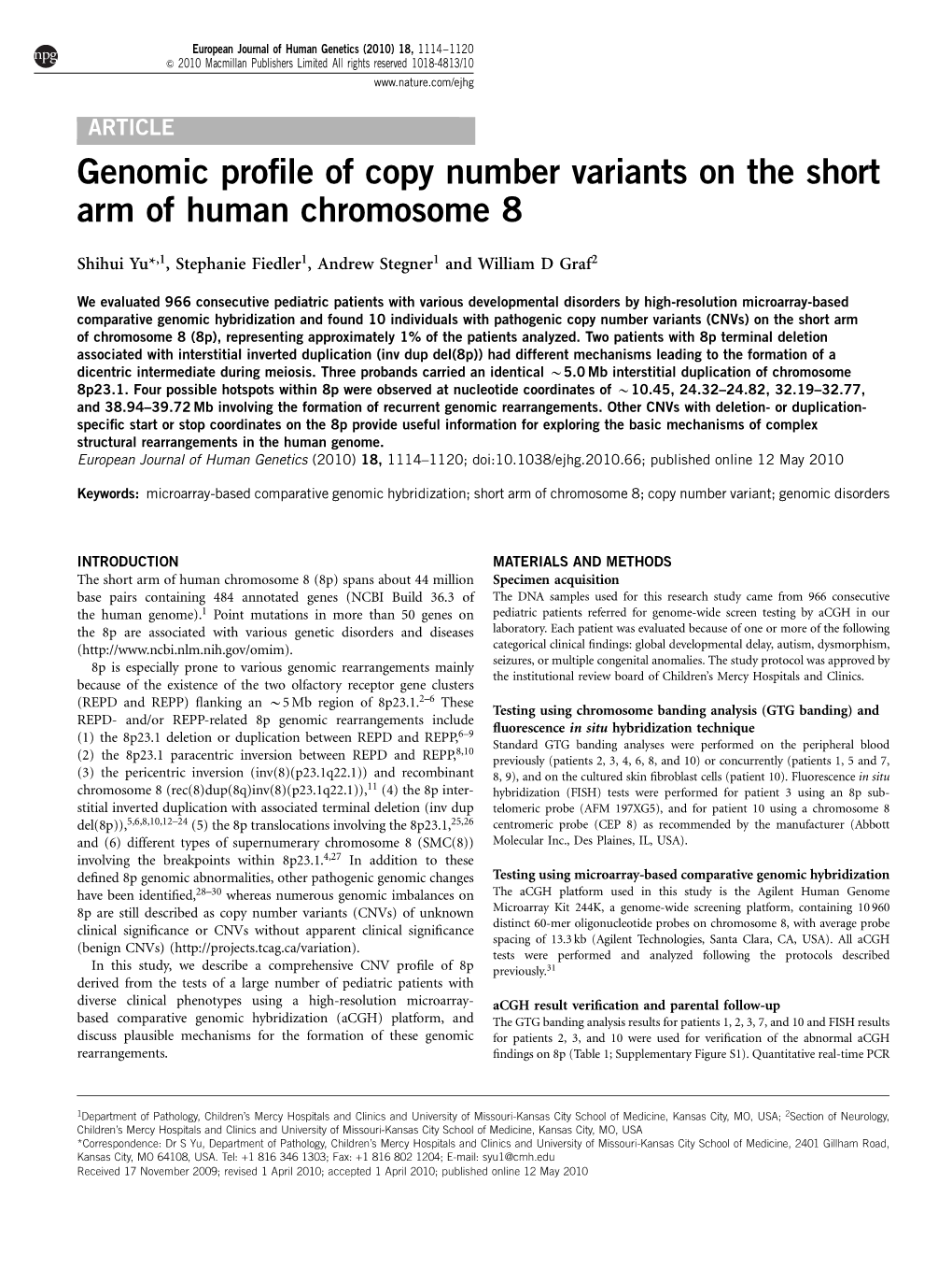 Genomic Profile of Copy Number Variants on the Short Arm of Human