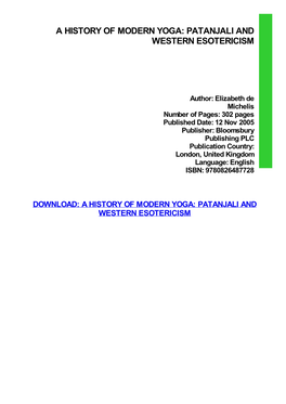 {PDF} a History of Modern Yoga: Patanjali and Western Esotericism