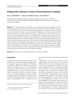 Antiparasitic Defences in Hosts of South American Cowbirds