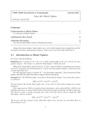 Notes #5: Block Ciphers Contents 5.1 Introduction to Block Ciphers