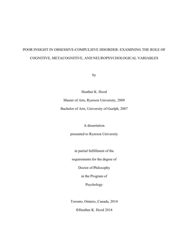 Poor Insight in Obsessive-Compulsive Disorder: Examining the Role of Cognitive, Metacognitive, and Neuropsychological Variables