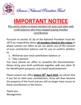 IMPORTANT NOTICE This Notice Relates to Those Members 65 Years and Older with Credit Balances Who Have Stopped Paying Member Contributions