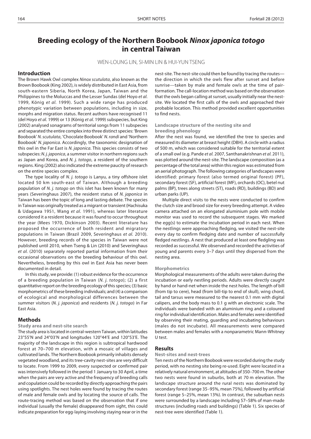 Breeding Ecology of the Northern Boobook Ninox Japonica Totogo in Central Taiwan