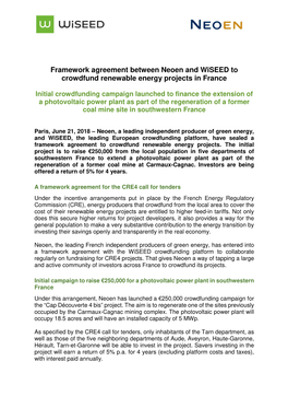 Framework Agreement Between Neoen and Wiseed to Crowdfund Renewable Energy Projects in France