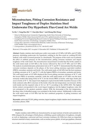 Microstructure, Pitting Corrosion Resistance and Impact Toughness of Duplex Stainless Steel Underwater Dry Hyperbaric Flux-Cored Arc Welds