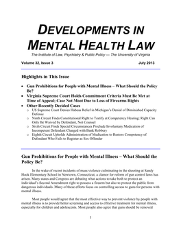 DEVELOPMENTS in MENTAL HEALTH LAW the Institute of Law, Psychiatry & Public Policy — the University of Virginia