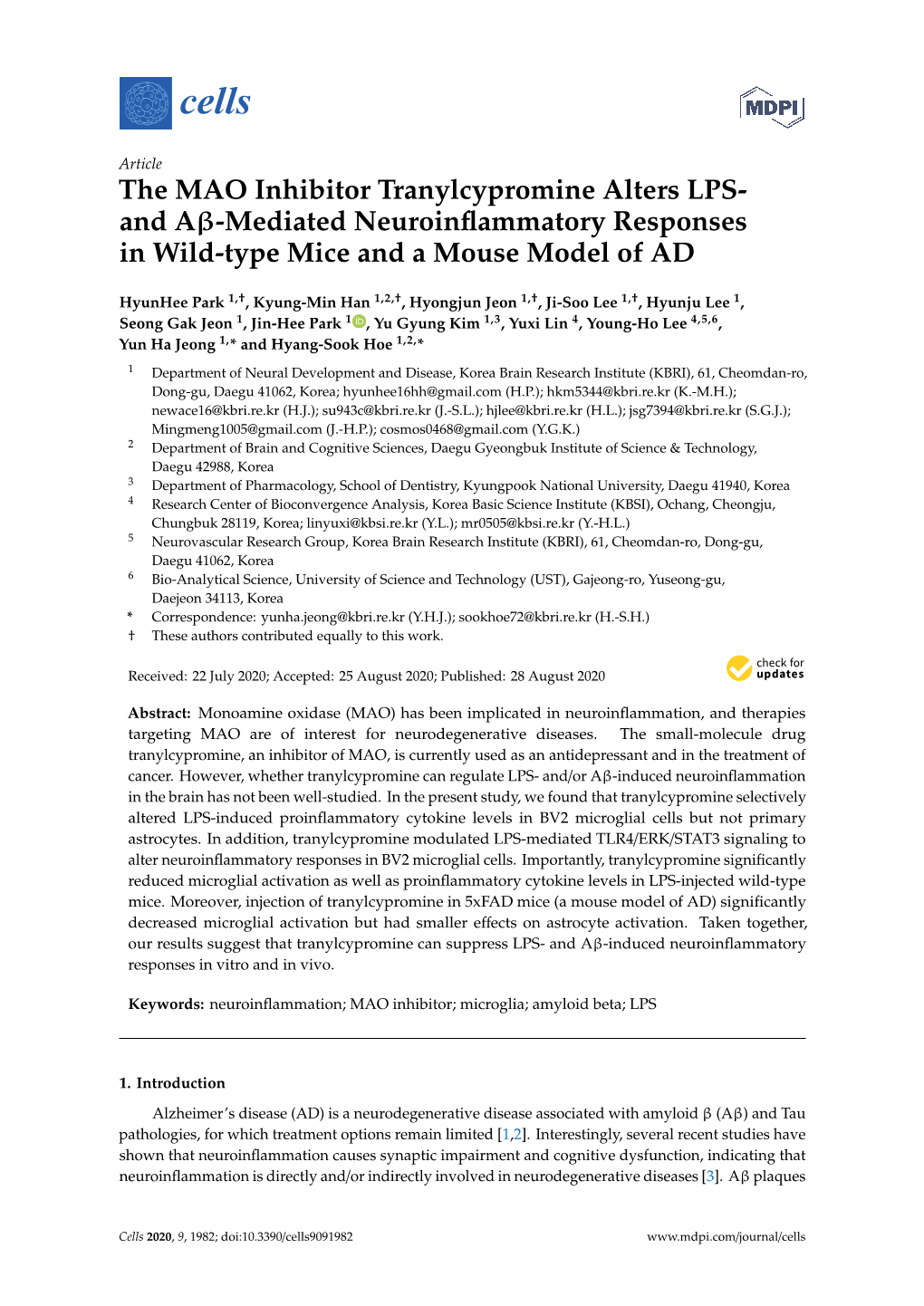 The MAO Inhibitor Tranylcypromine Alters LPS- and Aβ-Mediated Neuroinﬂammatory Responses in Wild-Type Mice and a Mouse Model of AD