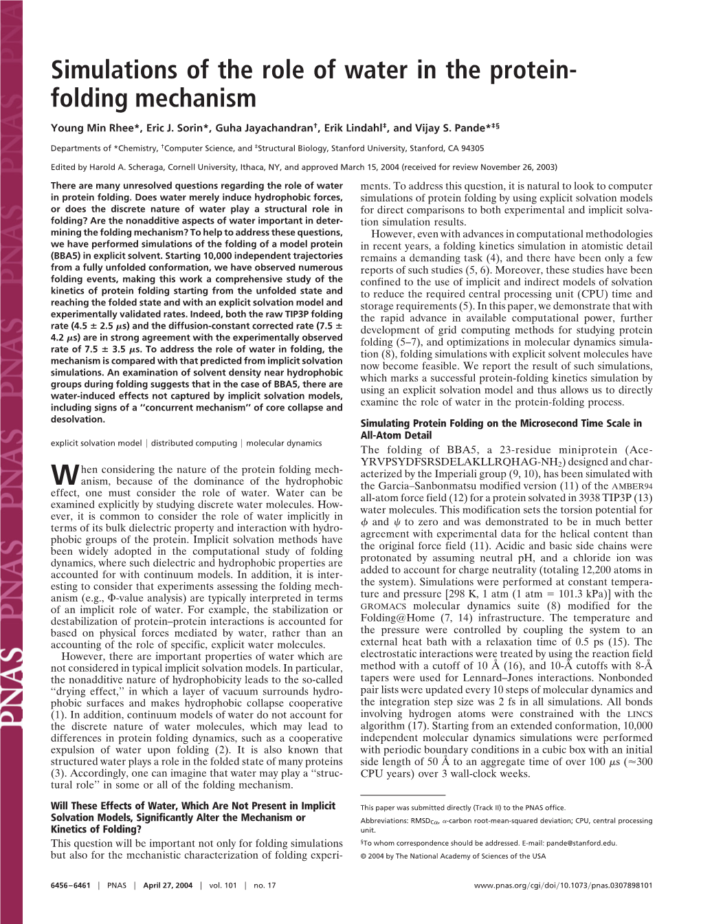 Simulations of the Role of Water in the Protein- Folding Mechanism