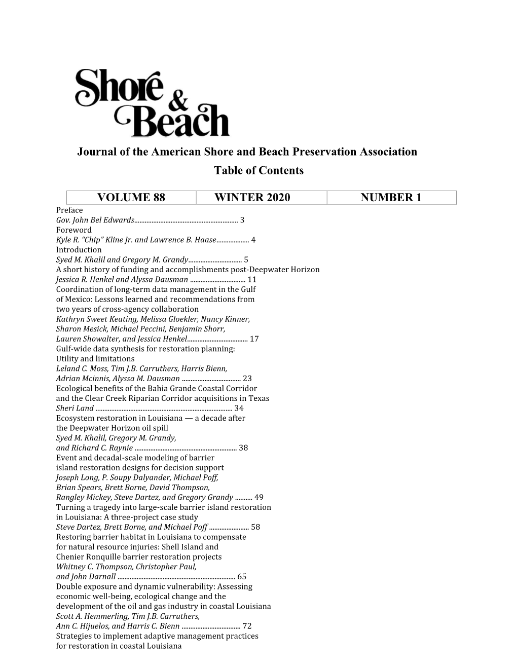 Journal of the American Shore and Beach Preservation Association Table of Contents