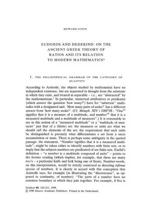Eudoxos and Dedekind: on the Ancient Greek Theory of Ratios and Its Relation to Modern Mathematics*