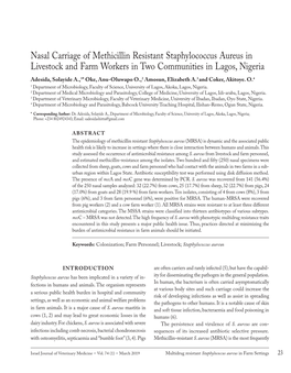 Nasal Carriage of Methicillin Resistant Staphylococcus Aureus In