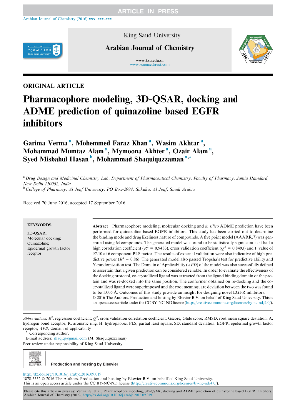 Pharmacophore Modeling, 3D-QSAR, Docking and ADME Prediction of Quinazoline Based EGFR Inhibitors