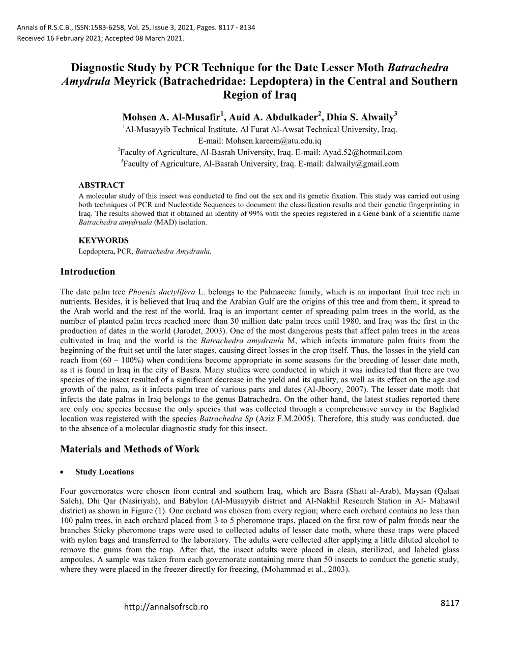 Diagnostic Study by PCR Technique for the Date Lesser Moth Batrachedra Amydrula Meyrick (Batrachedridae: Lepdoptera) in the Central and Southern Region of Iraq