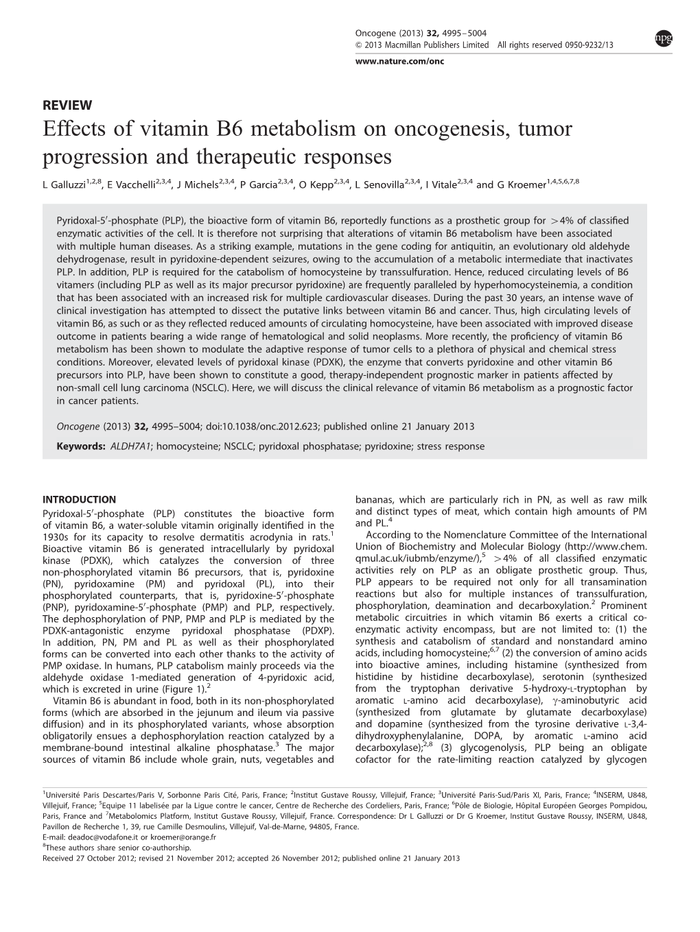 Effects of Vitamin B6 Metabolism on Oncogenesis, Tumor Progression and Therapeutic Responses
