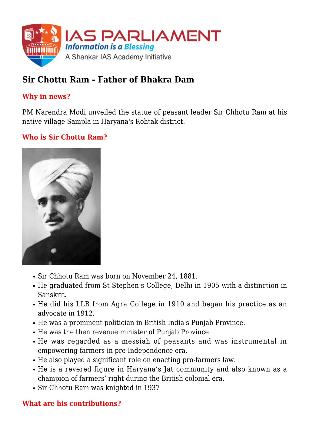 Sir Chottu Ram - Father of Bhakra Dam