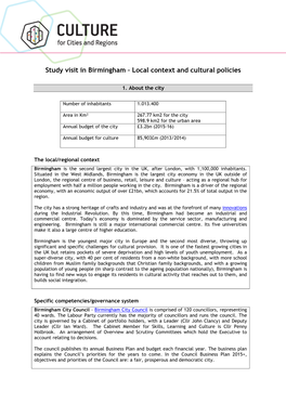 Study Visit in Birmingham – Local Context and Cultural Policies