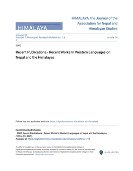 Recent Works in Western Languages on Nepal and the Himalayas