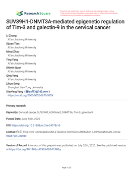 SUV39H1-DNMT3A-Mediated Epigenetic Regulation of Tim-3 and Galectin-9 in the Cervical Cancer