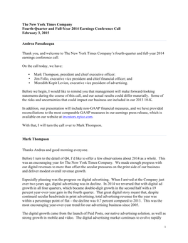 The New York Times Company Fourth-Quarter and Full-Year 2014 Earnings Conference Call February 3, 2015