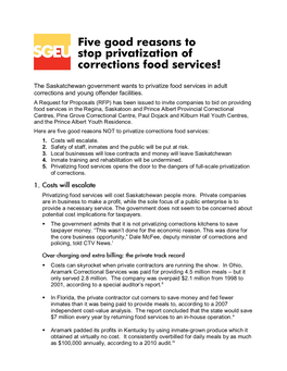 Five Good Reasons to Stop Privatization of Corrections Food Services!