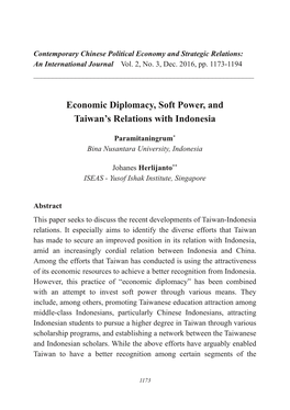 Economic Diplomacy, Soft Power, and Taiwan's Relations with Indonesia