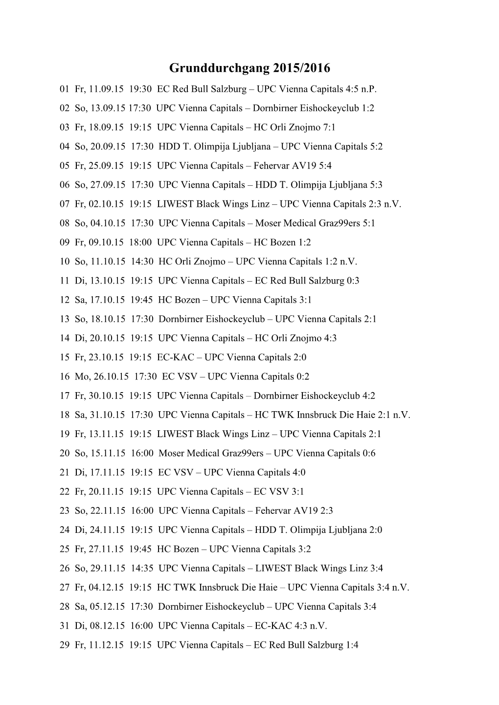 Grunddurchgang 2015/2016 01 Fr, 11.09.15 19:30 EC Red Bull Salzburg – UPC Vienna Capitals 4:5 N.P