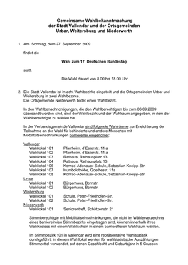 Gemeinsame Wahlbekanntmachung Der Stadt Vallendar Und Der Ortsgemeinden Urbar, Weitersburg Und Niederwerth