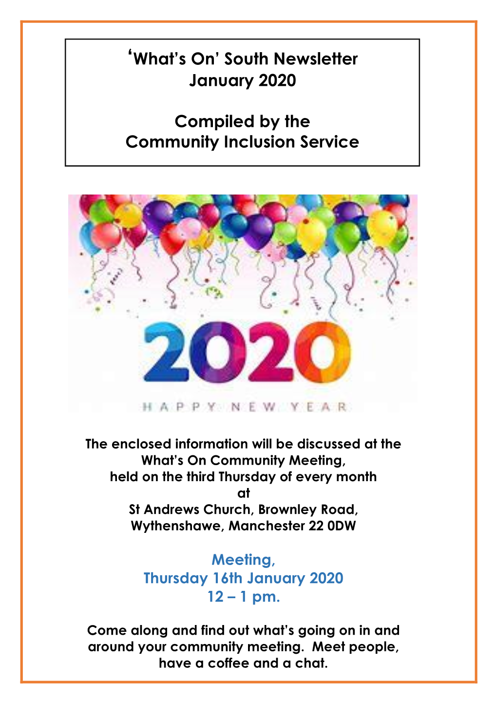 'What's On' South Newsletter January 2020 Compiled by the Community Inclusion Service