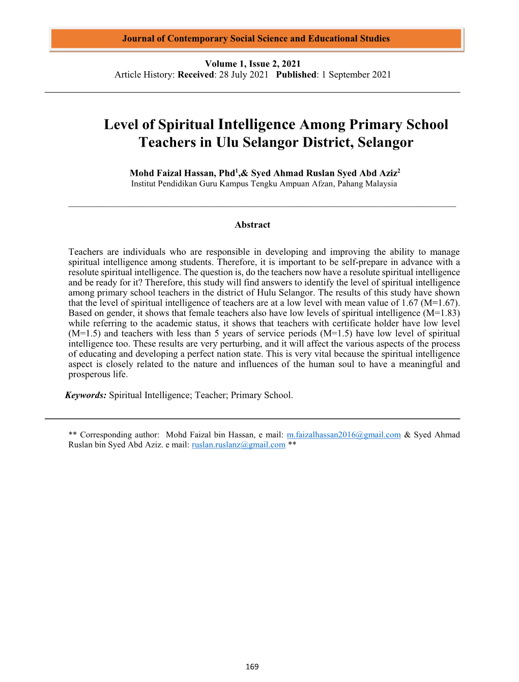 Level of Spiritual Intelligence Among Primary School Teachers in Ulu Selangor District, Selangor