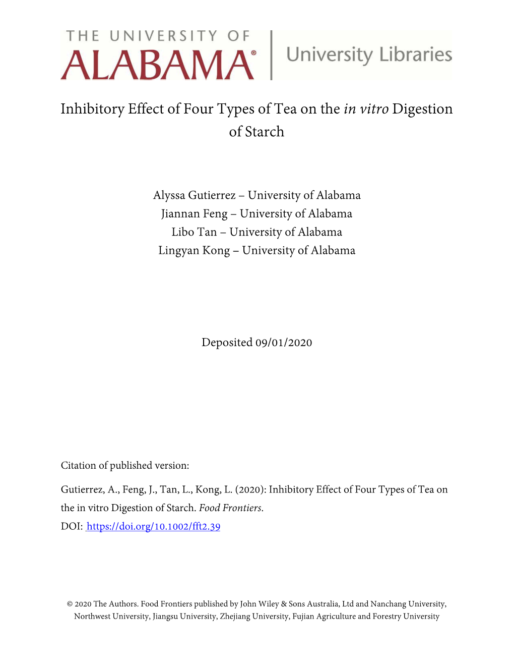 Inhibitory Effect of Four Types of Tea on the in Vitro Digestion of Starch