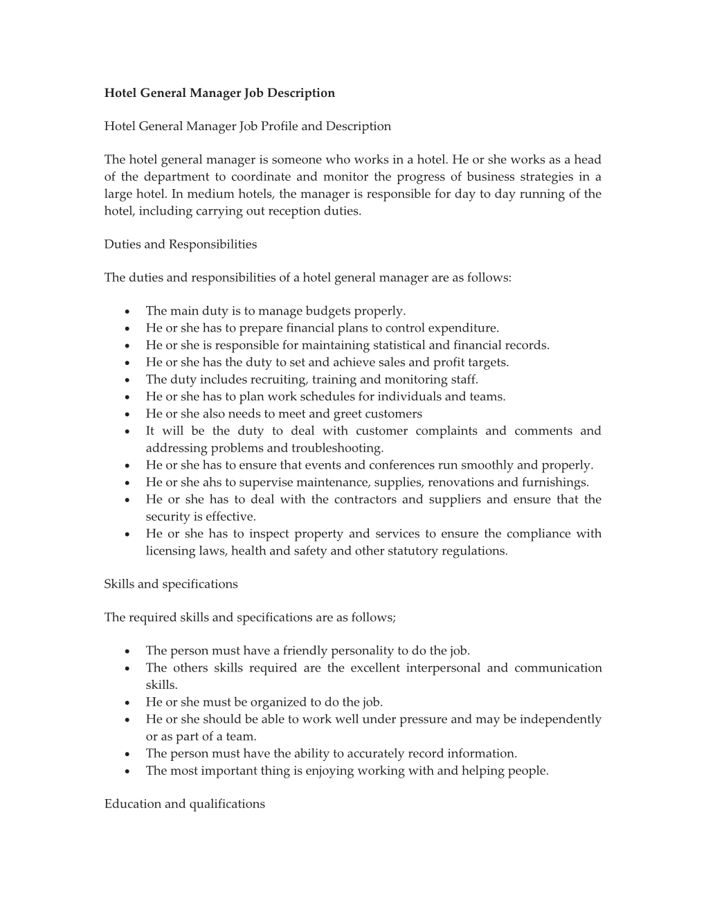 Hotel General Manager Job Description