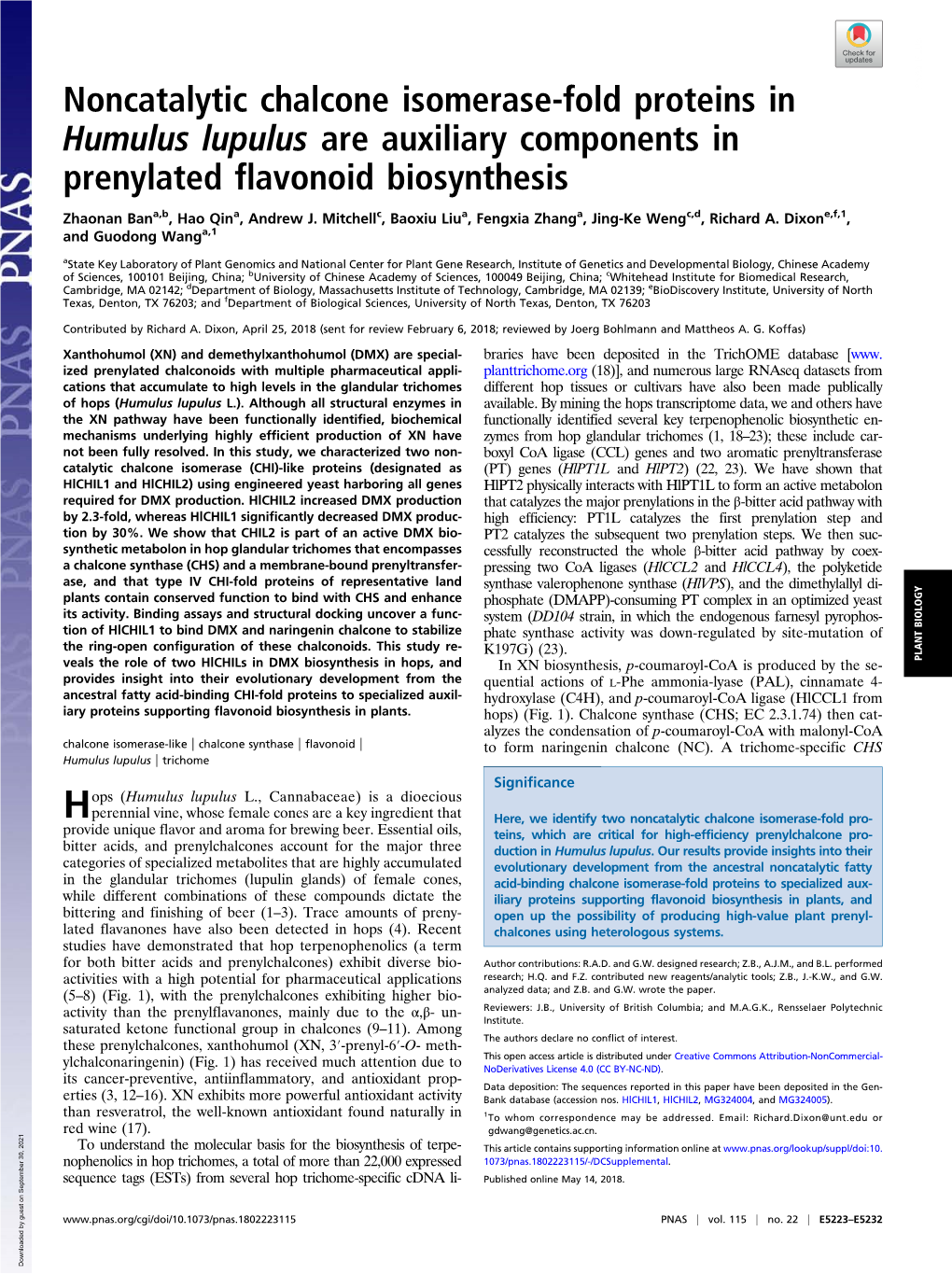 Noncatalytic Chalcone Isomerase-Fold Proteins in Humulus Lupulus