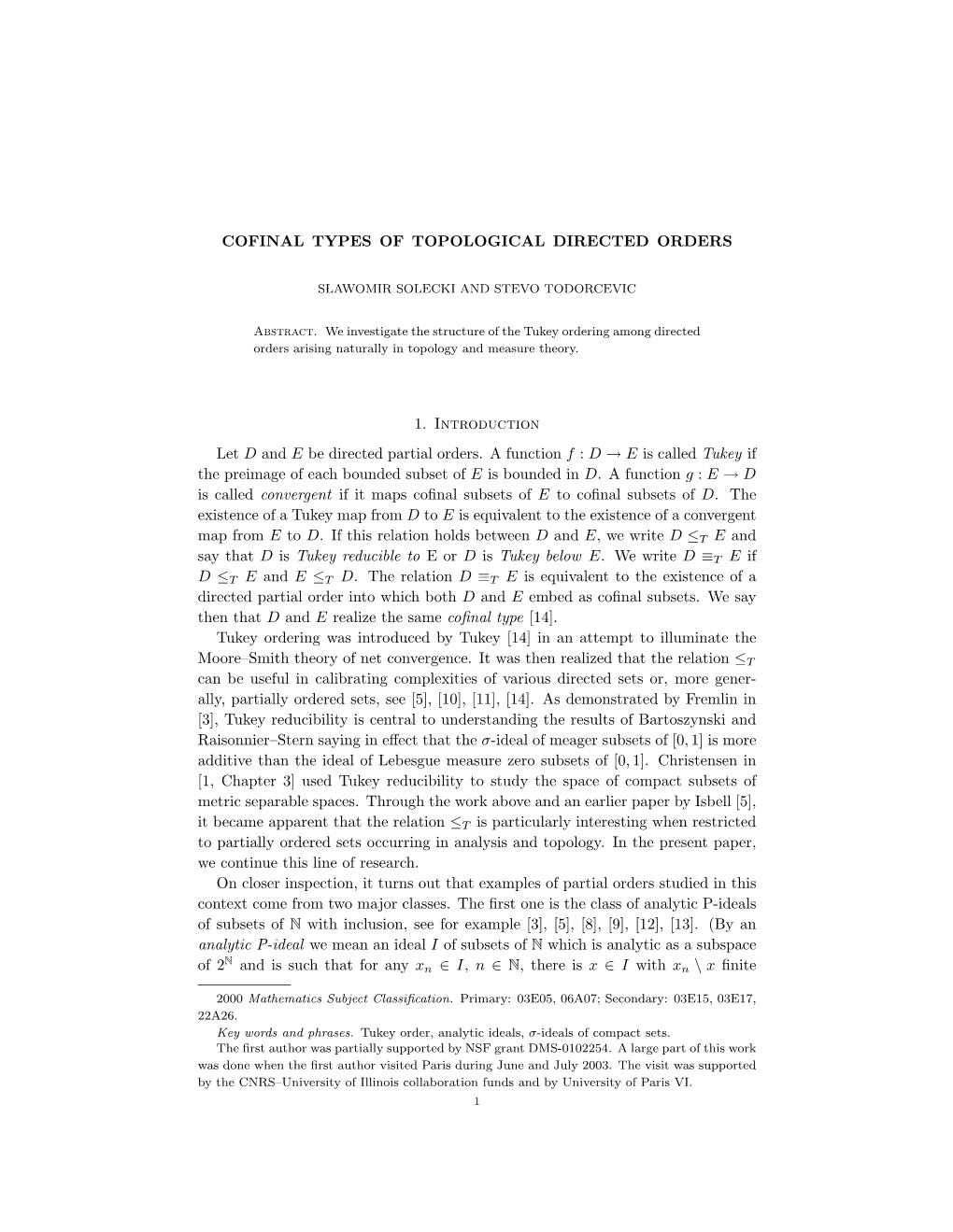 Cofinal Types of Topological Directed Orders 1