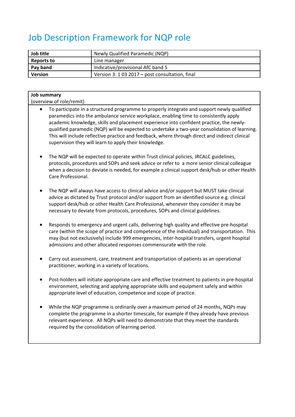 Job Description Framework for NQP Role