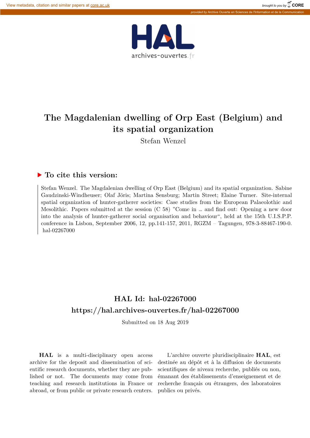 The Magdalenian Dwelling of Orp East (Belgium) and Its Spatial Organization Stefan Wenzel