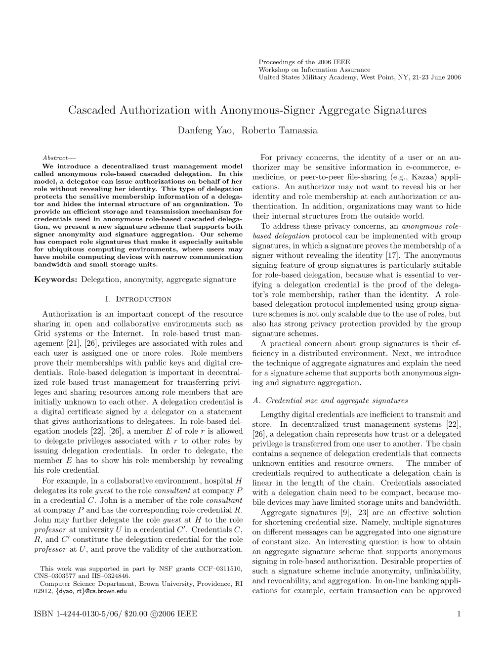 Cascaded Authorization with Anonymous-Signer Aggregate Signatures Danfeng Yao, Roberto Tamassia