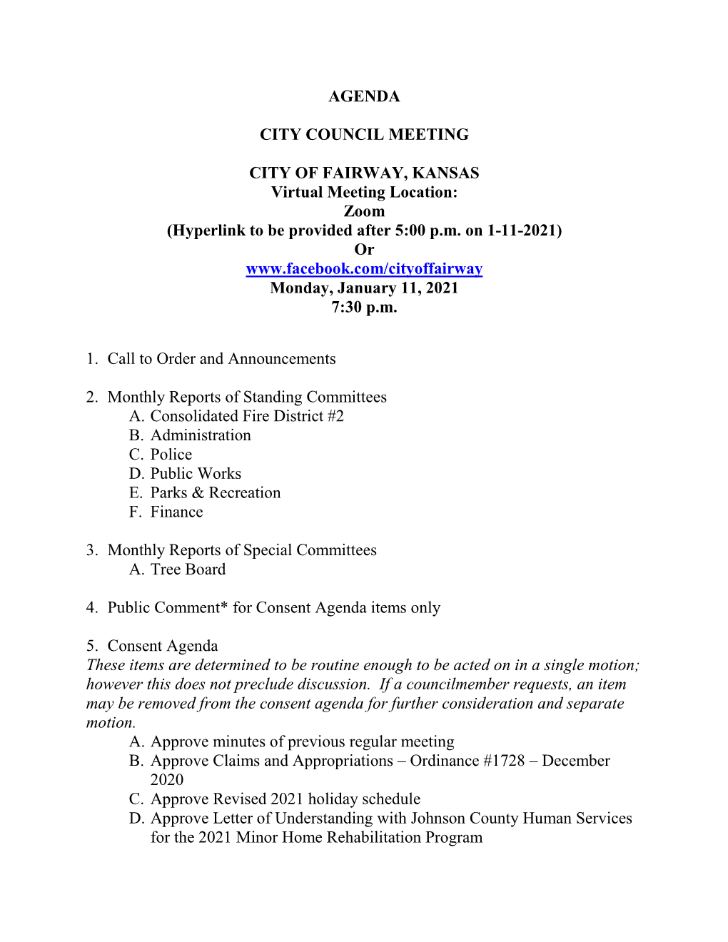 Agenda City Council Meeting City of Fairway, Kansas