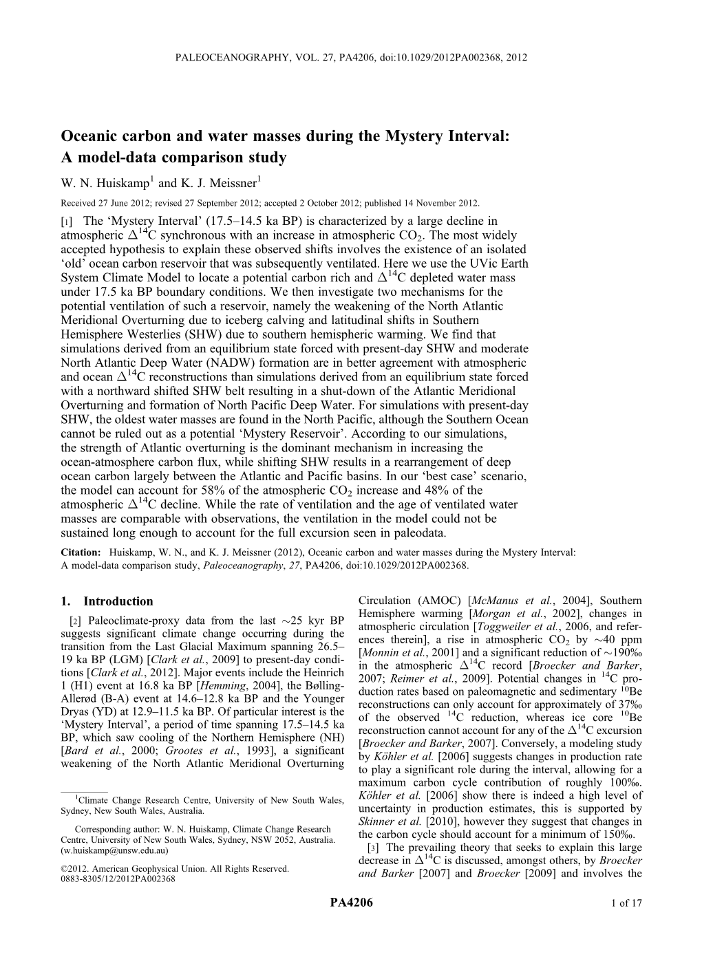 Oceanic Carbon and Water Masses During the Mystery Interval: a Model-Data Comparison Study W