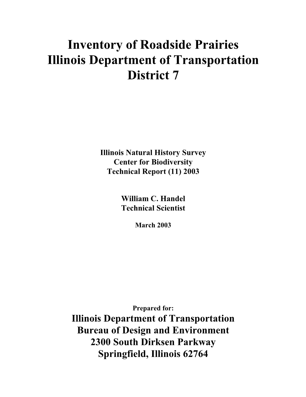 Inventory of Roadside Prairies Illinois Department of Transportation District 7