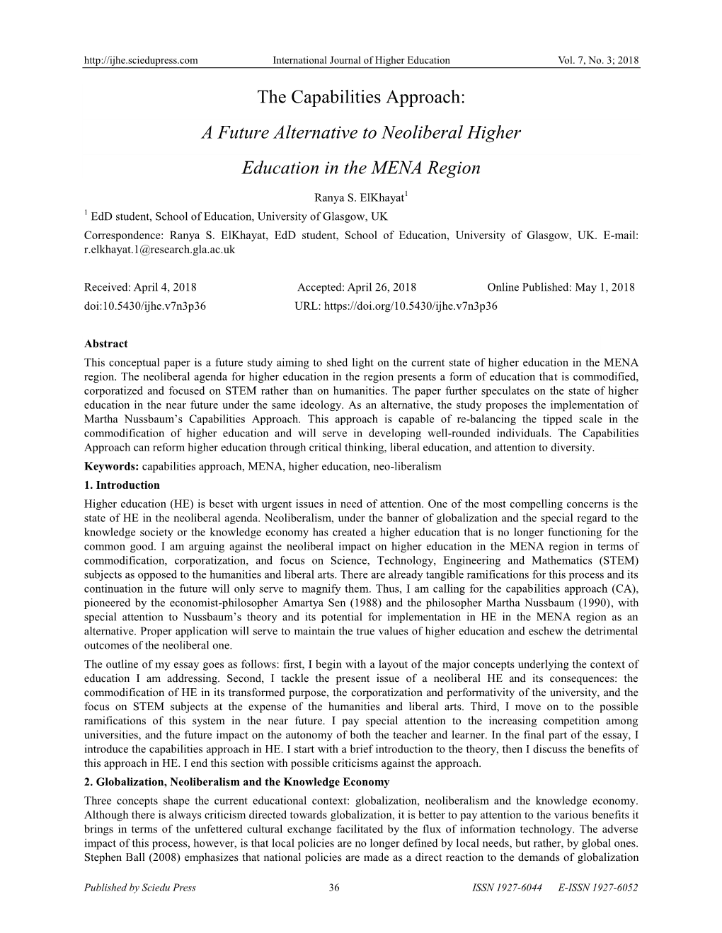 The Capabilities Approach: a Future Alternative to Neoliberal Higher Education in the MENA Region