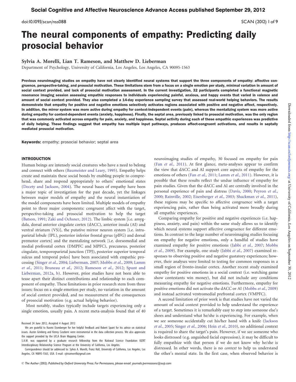 The Neural Components of Empathy: Predicting Daily Prosocial Behavior