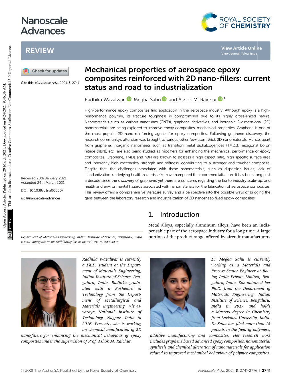 Mechanical Properties of Aerospace Epoxy Composites Reinforced with 2D Nano-ﬁllers: Current Cite This: Nanoscale Adv.,2021,3,2741 Status and Road to Industrialization