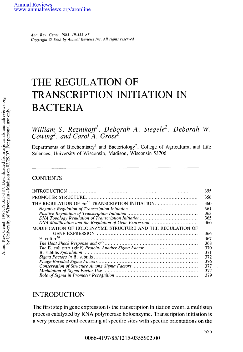 The Regulation of Transcription Initiation in Bacteria