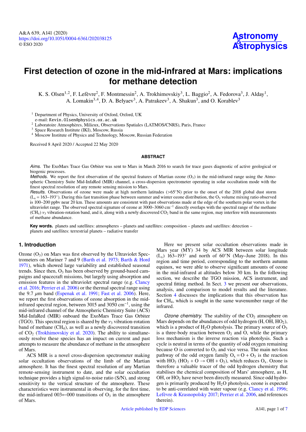 First Detection of Ozone in the Mid-Infrared at Mars: Implications for Methane Detection K