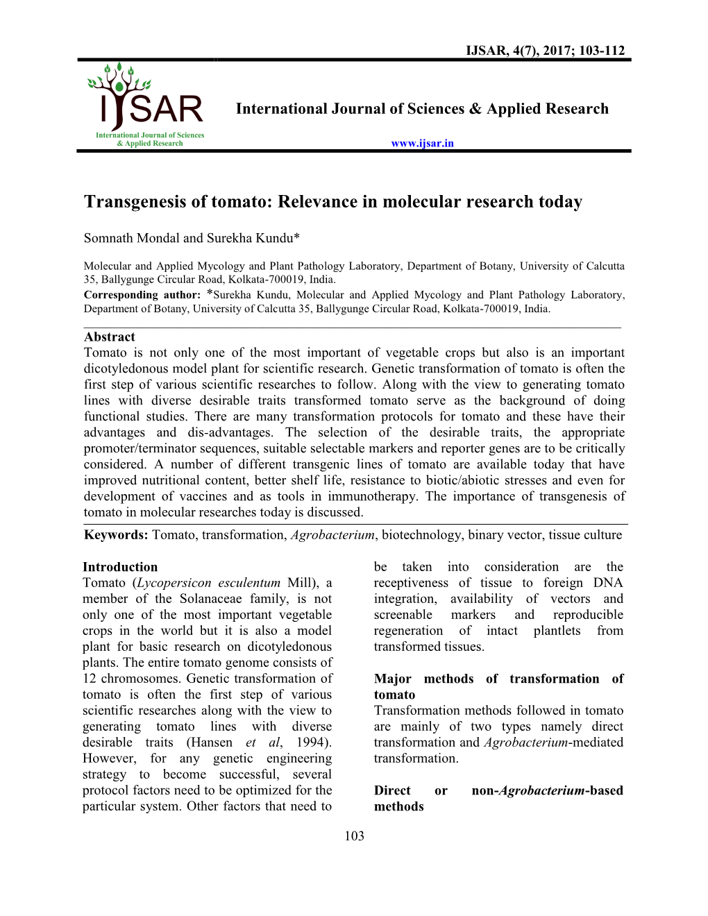 Transgenesis of Tomato: Relevance in Molecular Research Today