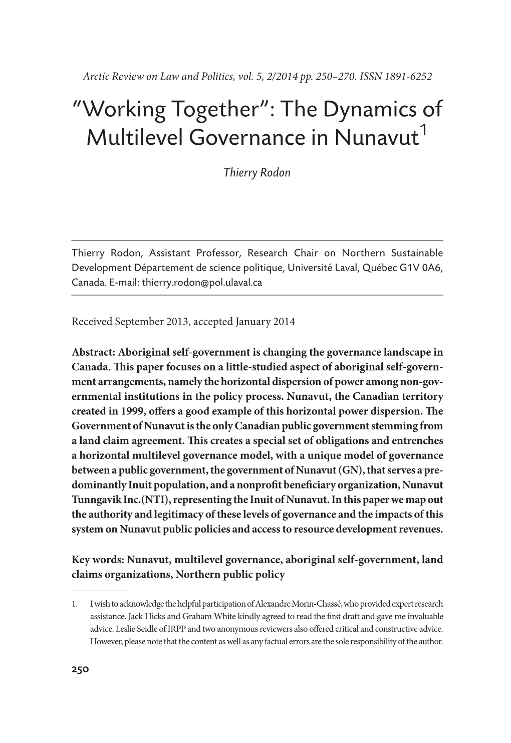 “Working Together”: the Dynamics of Multilevel Governance in Nunavut1