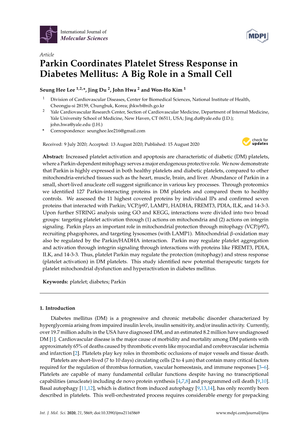 Parkin Coordinates Platelet Stress Response in Diabetes Mellitus: a Big Role in a Small Cell