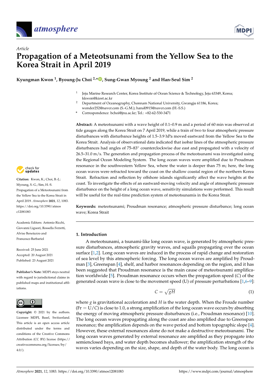 Propagation of a Meteotsunami from the Yellow Sea to the Korea Strait in April 2019