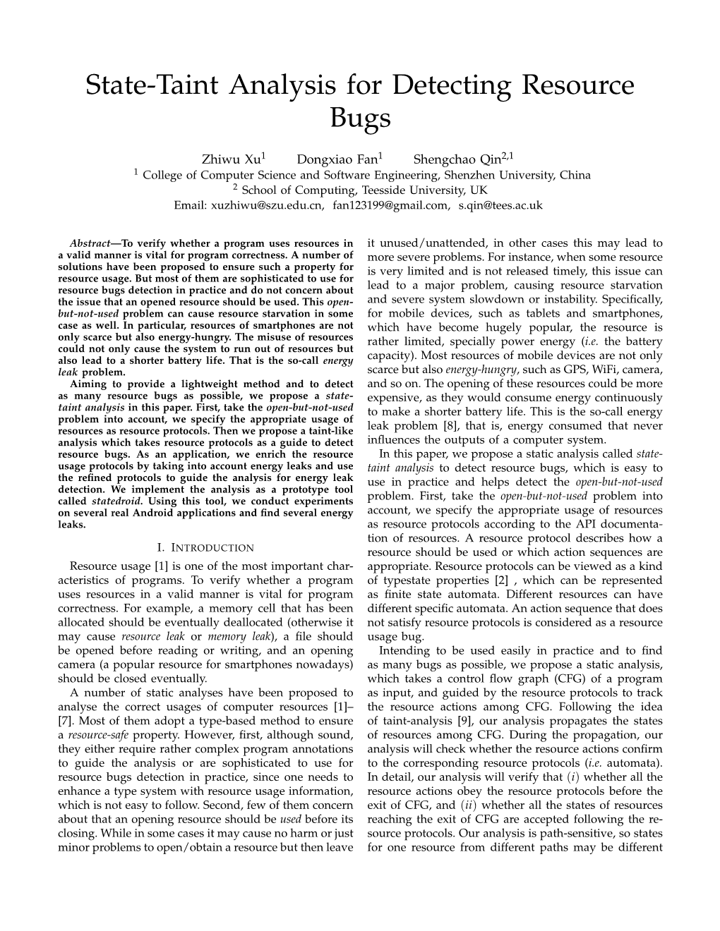 State-Taint Analysis for Detecting Resource Bugs