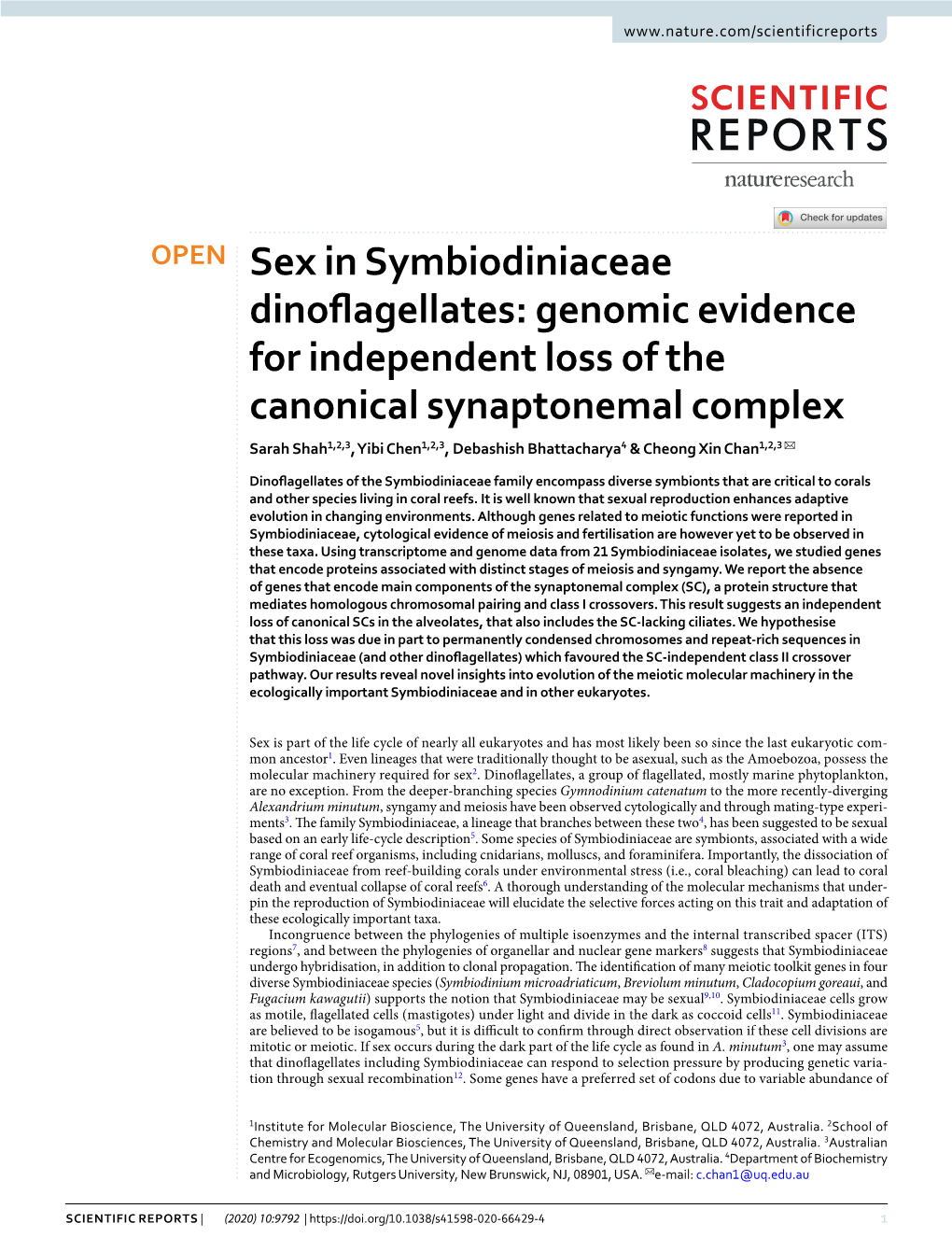 Genomic Evidence for Independent Loss of the Canonical Synaptonemal Complex Sarah Shah1,2,3, Yibi Chen1,2,3, Debashish Bhattacharya4 & Cheong Xin Chan1,2,3 ✉